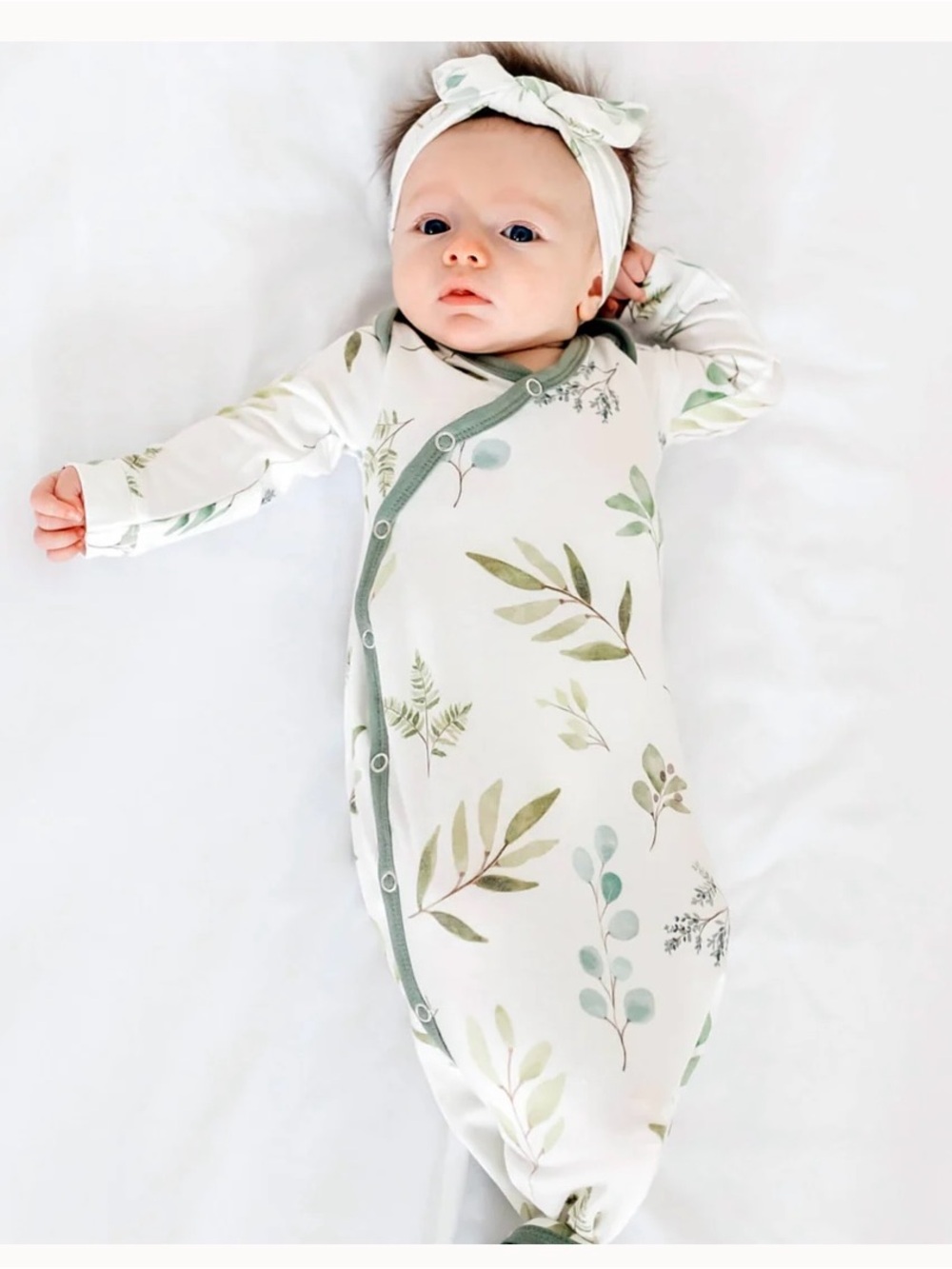 Copper Pearl Knotted Gown Green Trim Botanical Haven Print Baby Snap Up